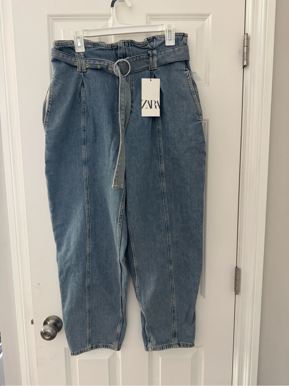 Zara Boyfriend Jeans with Belt in Medium Blue
